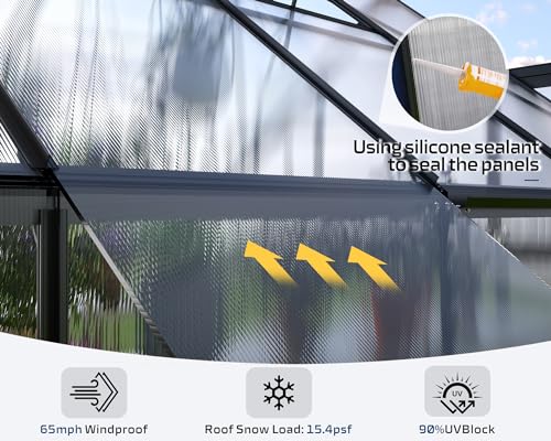 AMERLIFE 10x16x10 FT Polycarbonate Greenhouse Double Swing Doors 4 Vents 6.3FT Added Wall Height, Walk-in Large Aluminum Greenhouse Sunroom Winter Greenhouse for Outdoors, Black AMERLIFE