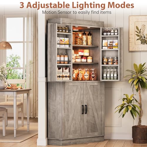 Jocoevol Corner Kitchen Pantry Storage Cabinet with Doors, Kitchen Hutch, 71'' Tall Food Storage Cabinet Furniture for Living Room, Dining Room (Grey) Jocoevol