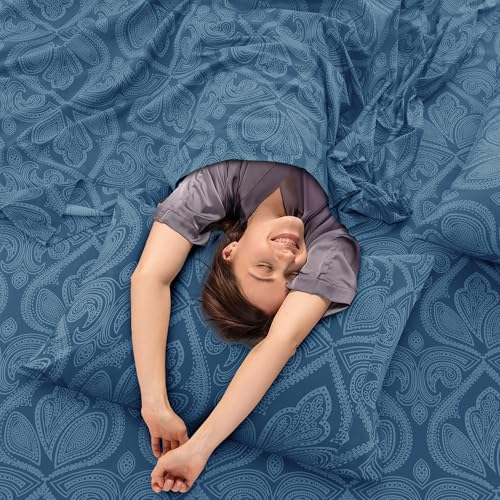 Ultra Soft Wrinkle-Free Microfiber Paisley King Sheet Set, Breathable Boho Bed Sheet Set – 16" Deep Pocket Fitted Sheet, Flat Sheet & 4 Pillowcases, Juegos de Sábanas, OEKO-TEX - Navy Blue LDC LUX DECOR COLLECTION