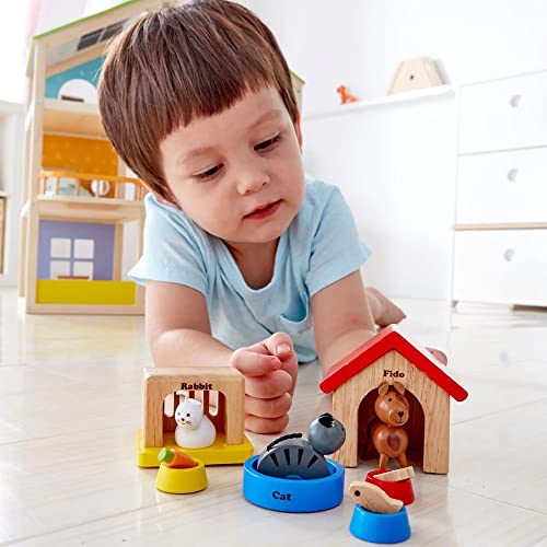 Family Pets Wooden Dollhouse Animal Set by Hape | Complete Your Wooden Dolls House with Happy Dog, Cat, Bunny Pet Set with Complimentary Houses and Food Bowls Hape