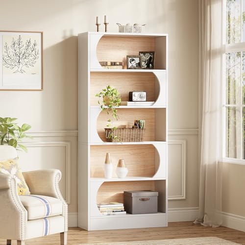LITTLE TREE 70.8-Inch Modern Bookshelf, 5-Tier Freestanding Tall White Bookshelf, Large Open Bookcase with Storage, Large Book Shelf for Office, Home, or Classroom (White and Walnut) LITTLE TREE