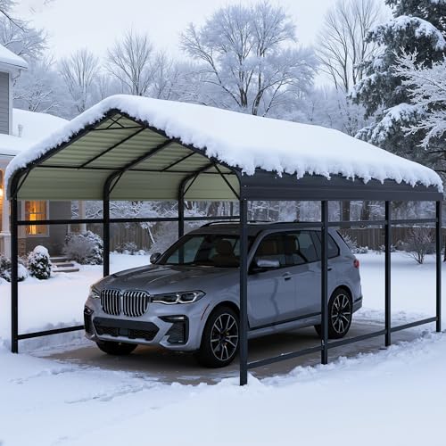 Greesum 10x15FT Metal Carport with Heavy Duty Frame and Galvanized Steel Roof, Round Carports with Side Support Rods, Canopy Shelter for Car, Pickup Trucks, Boats and Tractors, Party, Gray Greesum