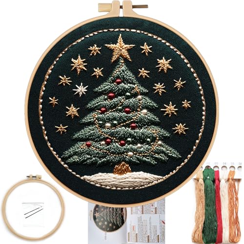 FONNUY Christmas Embroidery Kit for Beginners, Cross Stitch Set Winter Snow House Scene Pine Owl Pattern for Adults, Easy to Follow Color Thread Needlework, 8'' Hoop (Star Tree)