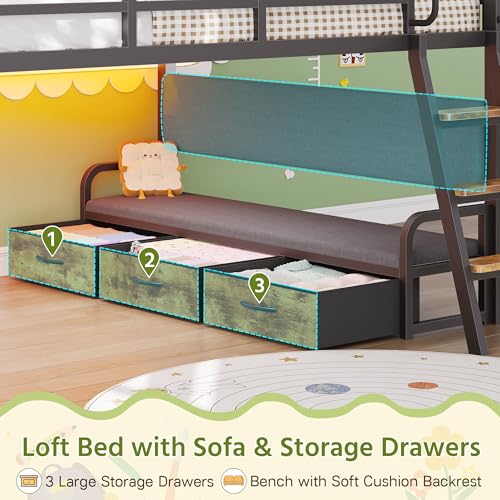 Dnxao Full Size Low Loft Bed with Desk,Full Size Bed Frame with 9 Storage Drawers, Kids Loft Bed with 15.8" H Safety Guardrail,Sofa,LED Lights & Charging Station,No Box Spring Needed,Rustic Brown Dnxao