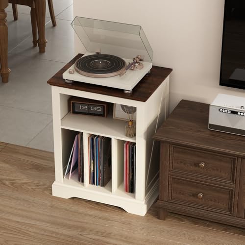 RowyPoey Farmhouse Record Player Stand, 3 Tier End Table, Turntable Stand with Vinyl Record Storage, Wood Record Holder Cabinet Dispaly Shelf for Living Room,Bedroom,Office,Antique White RowyPoey