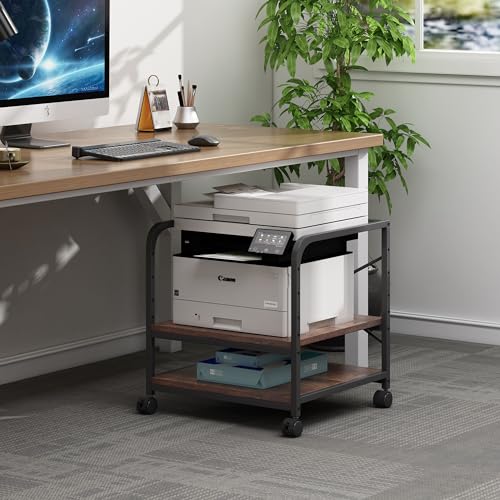 Fannova Under Desk Printer Stand, 20 Inches Deep Large Printer Table with Height Adjustable Storage Shelf, 2 Tier Rolling Printer Cart with Wheels for Home Office - Rustic Brown Fannova