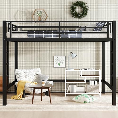 Bellemave Loft Bed Queen Size, Heavy Duty Loft Bed Frame with 2 Build in Ladder and Full Length Guardrail, Easy Assemble, Noise Free Design, No Box Spring Needed, Black Bellemave