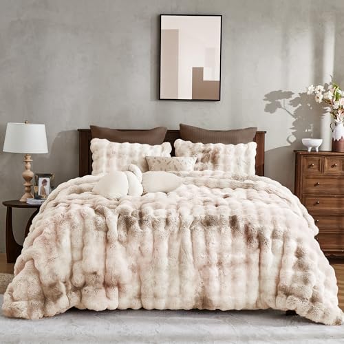 Wonderful 3 Pieces Fluffy Faux Rabbit Fur Bubble Comforter Set King Size, Tie-Dyeing Beige Plush Fuzzy Bedding Set, Warm Soft Bubble Comforter Bedding Set for Winter Wonderful