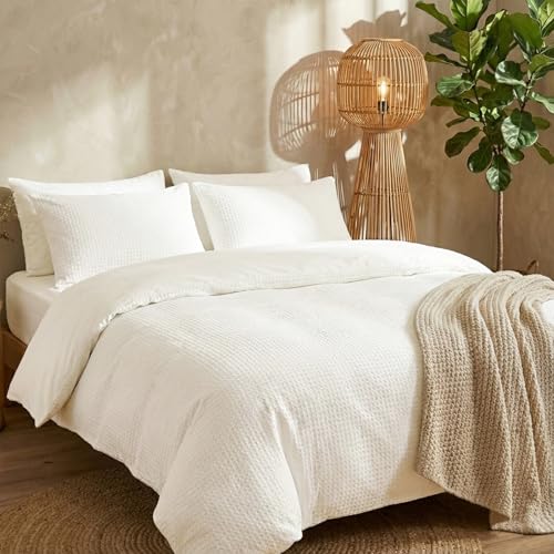 DCSKY Cotton Duvet Cover Queen,100% Cotton Waffle Weave White Duvet Covers Queen Size,Luxury Textured & Breathable 3pcs with 2 Pillow Shams for All Season 90x90 Inches DCSKY
