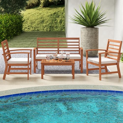 Tangkula 4 Pieces Outdoor Furniture Set, Acacia Wood Conversation Set w/Soft Seat Cushions, Stable Acacia Wood Frame, Patio Sofa & Coffee Table Set for Backyard, Porch, Poolside (White) Tangkula
