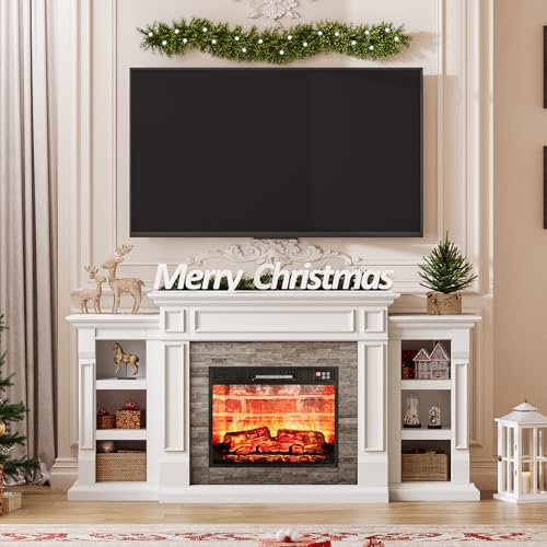 LGHM 72" Electric Fireplace with Mantel, Fireplace TV Stand for TVs Up to 80 Inch, Modern Entertainment Center with Storage, Realistic Stacked Stone Surround with Remote Control for Living Room LGHM