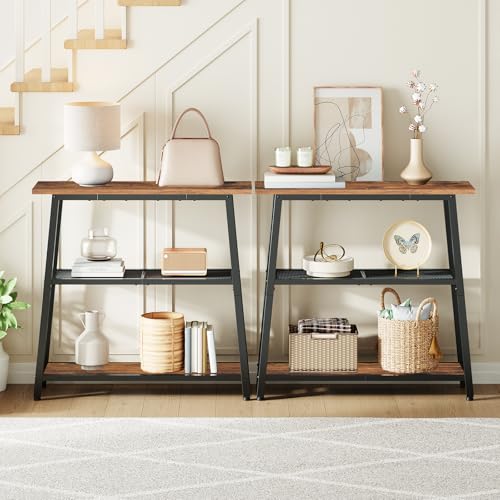 HOOBRO Narrow Console Table, 3-Tier Small Entryway Table with Storage Shelves, Behind Couch Sofa Table, Hallway Table for Entryway, Foyer, Hallway, Living Room, Rustic Brown and Black BF62XG01 HOOBRO