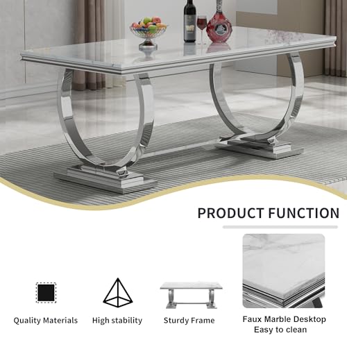 Goujxcy 7 Piece Marble Dining Table Set for 6, Luxury 70" White Marble Silver Kitchen Table with 6 Grey Velvet Upholstered Chairs, Modern 6 Person Dining Room Table Set for Kicken Dining Office Room Goujxcy