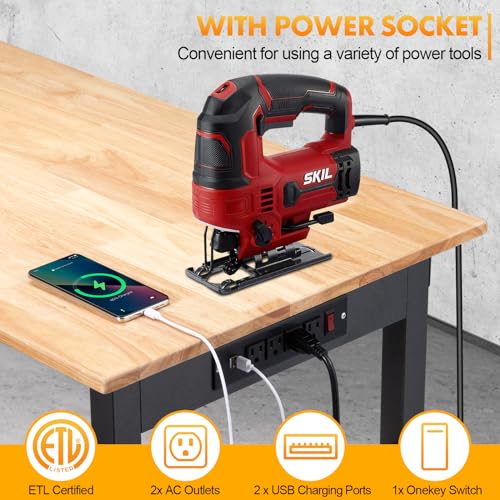 GVGBUK 48" Height Adjustable Workbench, 2000 LBS Load Capacity Rubber Wood Top Workstation, Heavy-Duty Hardwood Worktable for Garage Workshop (with Wheels and Socket,48'') GVGBUK