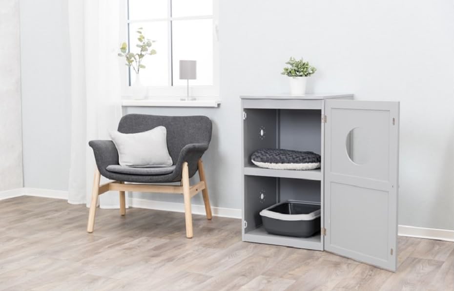 TRIXIE 2 Story Furniture Litter Box Enclosure (Gray), Hidden Litter Box for Cats, Double Layer, Big Front Door for Easy Cleaning, Large Hole for Easy Entry, Use as Side Table or Nightstand TRIXIE
