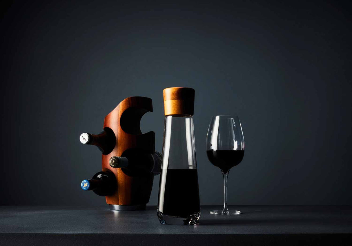 nambe Vie Decanter with Stopper | 12-Inch | Decanter for Whiskey, Wine, Liquor | Made of Glass and Acacia Wood | Contemporary Glass Barware | Dishwasher Safe Nambe