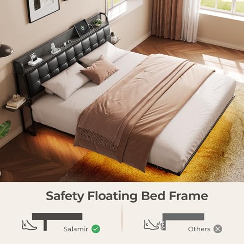 Salamir Twin Floating Bed Frame with LED & Charging Station, Ergonomic Upholstered Headboard with Folding Shelves Storage, Metal Slats, No Box Spring Needed, Easy Assembly, Noise-Free, Black Leather Salamir