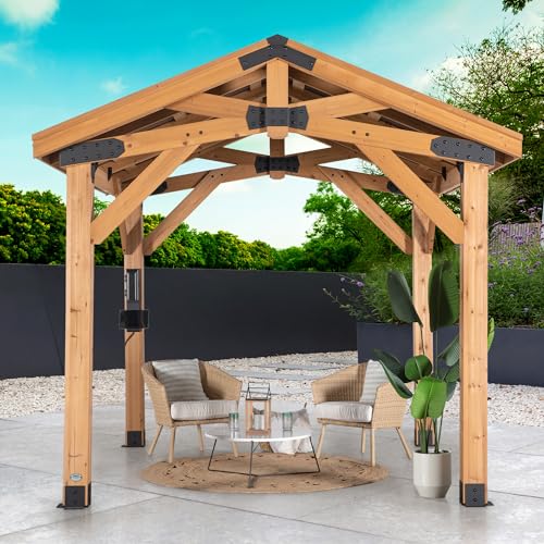 Backyard Discovery Norwood 10 x10 Cedar Wood Gazebo Pavilion, Thermal Insulated Hard Top Steel Roof, Durable, Supports Snow Loads and Wind Speed, Rot Resistant, Backyard, Deck, Garden, Patio Backyard Discovery