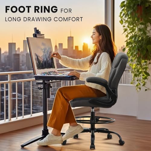 MAHOMICO Drafting Chair for Standing Desk โ Tall Office Chair with Adjustable Height & Foot Ring, Flip-Up Arms, Lumbar Support โ Comfortable Fabric Seat, Ideal Home Desk Chair MAHOMICO