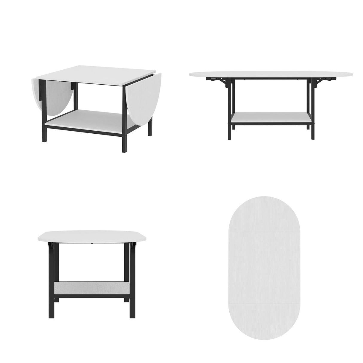 ECACAD 23.6-47.2" W Extendable Coffee Table with Drop Leaves, 2-Tier Wood Coffee Table for Small Space, Modern Oval Center Table with Storage Shelf for Living Room, White & Black ECACAD