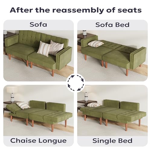 Furnify 71" Velvet Futon Sofa Bed, Versatile Loveseat Couch, Sleeper Sofa with Adjustable Backrest, Mid Century Modern Futon Couch for Small Space, Living Room, Office & Apartment, Velvet Fabric Green Furnify