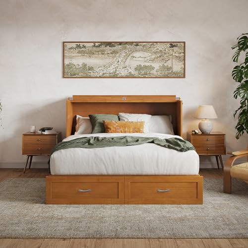 AFI Hamilton Queen Murphy Bed Chest with Mattress, Storage, and Built-in Charger in Light Toffee AFI