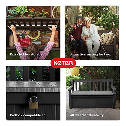 Keter Solana 70 Gallon Storage Bench Deck Box for Patio Furniture, Front Porch Decor and Outdoor Seating – Perfect to Store Garden Tools and Pool Floats, Graphite Keter