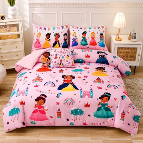 GRAT TIOC 6 Pieces Pink Princess Comforter Set for Girls Twin,Bed in A Bag Princess Bedding Set for Girl Kids (1 Comforter,1 Flat Sheet,1 Fitted Sheet,2 Pillowcases and 1 Cushion Cover) GRAT TIOC