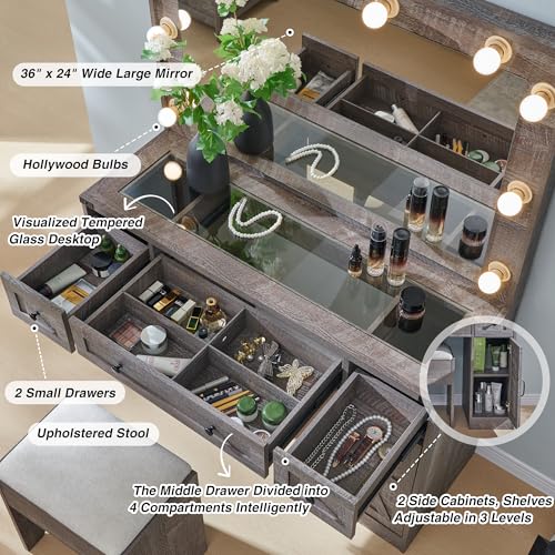 JXQTLINGMU Farmhouse Makeup Vanity Desk with Mirror and Lights, 43'' Glass Tabletop Vanity Table with 3 Drawers & Shelves, Rustic Large Vanity Set for Bedroom, Stool Included, Grey JXQTLINGMU