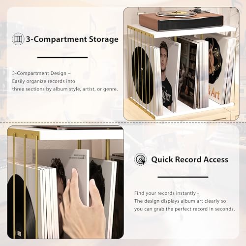 Emfogo Vinyl Record Storage, Metal & Wooden Vinyl Record Holder Up to 80 Album, 3-Compartment Record Player Stand for Magazine, Book, Files, Albums (White) Emfogo