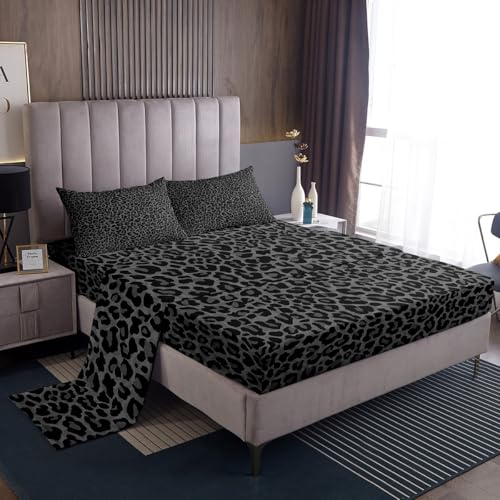 Erosebridal African Cheetah Sheet Set,Leopard Print Bed Sheets Set King Size for Kids Boys Girls,Grey Animal Skin Sheets,Wildlife Flat Fitted Sheet with 2 Pillowcases Deep Pockets Erosebridal
