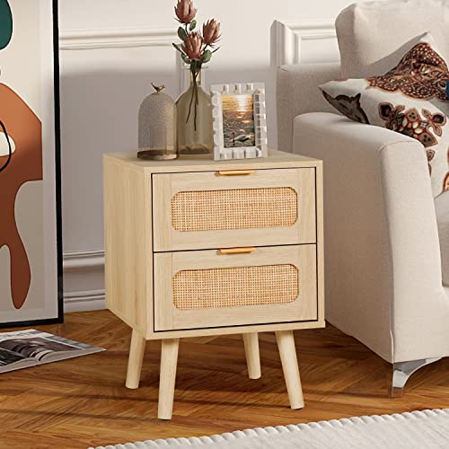 LAZZO Set of 2 Nightstands Wooden Night Stands with Rattan Drawers Home Bedside End Table for Bedroom (2 Drawers Design) LAZZO