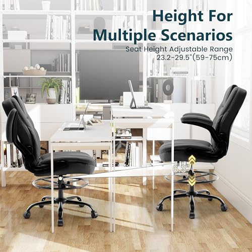 Drafting Chair 500Lbs, Tall Office Chair for Standing Desk, High PU Leather Executive Office Chair with Flip-up Armrests, Ergonomic High Chair with Adjustable Foot Ring, Comfy Stool Chairs, Black Sofetura