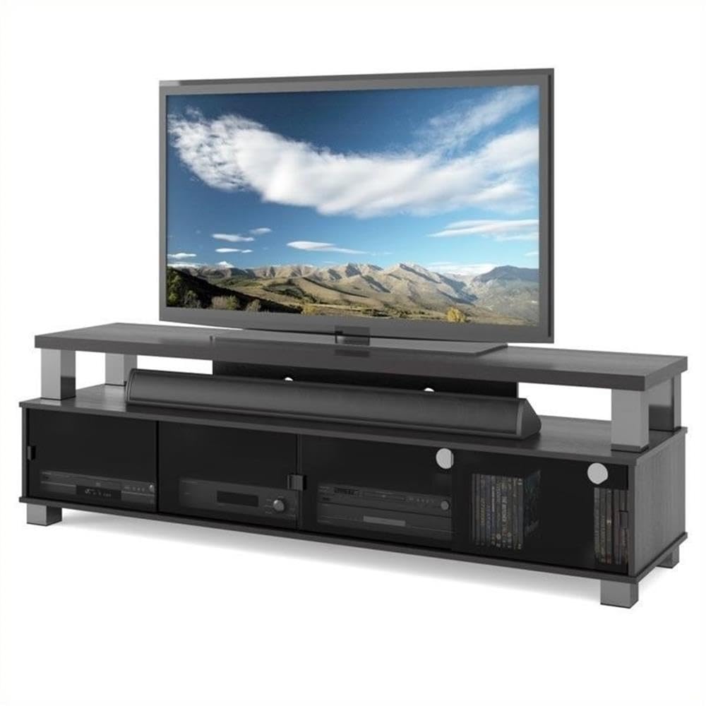 BOWERY HILL 75" W Transitional Wood TV Stand with Glass Doors, Ample Storage, Open Shelf, Cable Management System, Accommodates Most TVs 48"- 95", for Living Room, in Ravenwood Black Finish BOWERY HILL