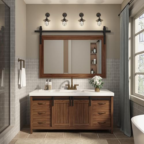 ROOMTEC Farmhouse Bathroom Mirror 51×35 inch Barn Door Mirror Rustic Wall Mirror Wood Frame Mirror for Bathroom, Entryway ROOMTEC