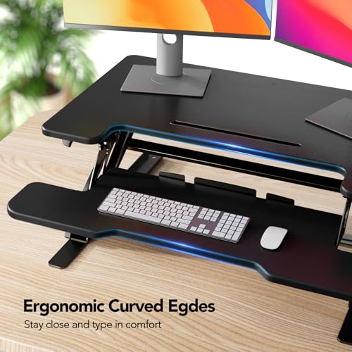 HUANUO 36" Z Shaped Stable Standing Desk Converter, Height Adjustable Sit Stand Up Desk Riser, Dual Monitor and Laptop Workstation with Wide Keyboard Tray, Desk Lifter for Home Office HUANUO