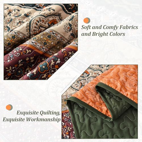 WONGS BEDDING Boho King Quilt Set, Green and Orange Bohemian Quilt Bedding Set, Fall Lightweight Bed Decor Bedspread for All Season Reversible Microfiber Coverlet Bedding Set 103"x90"(3 Pieces) WONGS BEDDING