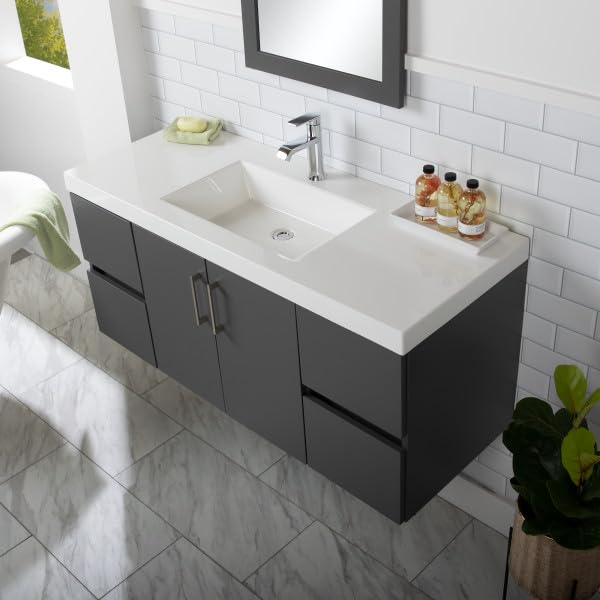 Spring Mill Cabinets Innes 48 Inch Floating Bathroom Vanity with White Single Sink Top, 2-Door Cabinet, 4 Soft-Close Drawers, 48.5" W x 18.75" D x 22.25" H, Cement Spring Mill Cabinets