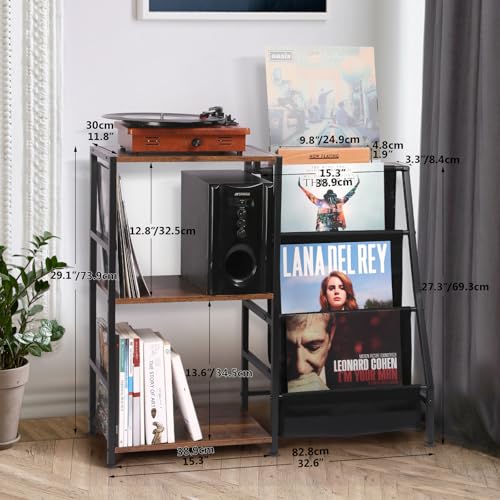 HYCFYJR Record Player Stand, 3-Tier Vinyl Record Storage, Turntable Stand with Now Playing Holder, Vinyl Display for Living Room, Rustic Brown HYCFYJR