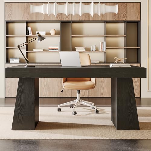 Tribesigns 55 Inches Executive Desk, Mid-Century Modern Home Office Desk with Double Trapezoid Base, Wood Computer Desk Business Workstation Desk Small Conference Table, Black Tribesigns