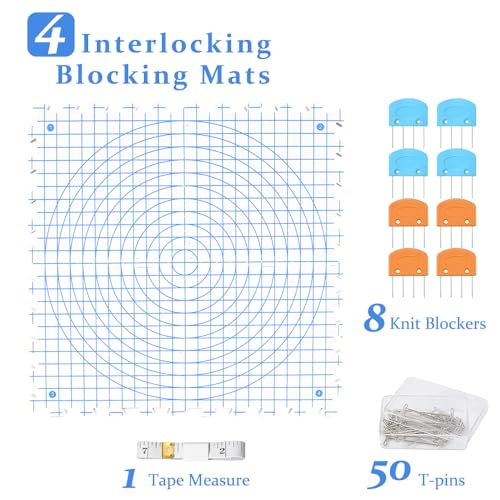 Yarniss Blocking Mats for Knitting with Circular Gridlines 12.6“x12.6”, Double-Sided Crochet Blocking Board Set Includes 50 T-Pins & 8 Combs,4 Packs Yarniss
