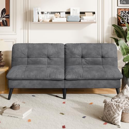 Shintenchi Convertible Futon Sofa Bed, Folding Velevt Set with Adjustable Backrest Recliner Lounge for Living Room, Apartment or Office, Solid Wood Frame, 3-Seater Sofa, Dark Grey Shintenchi