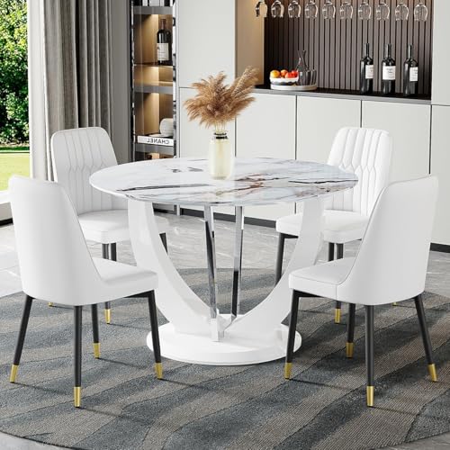 JUFU Round Dining Table Set for 4, 47" White Dinner Table Set for 4 with Marble Pattern Tabletop and PU Upholstered White-007 Chairs, Modern 4 Person Dining Table Set for Dinning Room, Kitchen, Café JUFU
