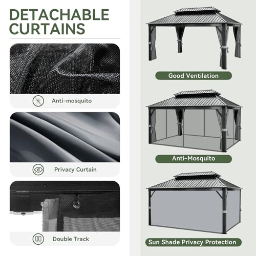 Aoxun 12FT X 16FT Hardtop Gazebo, Outdoor Pergolas with Mosquito Netting and Curtains, Galvanized Steel Double Roof Permanent Aluminum Gazebo, for Gardens, Decks, Patios, Parties Aoxun