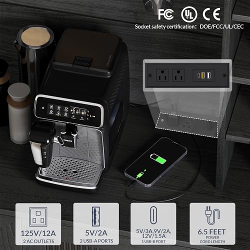 BELLEZE Coffee Wine Bar Cabinet with Power Outlet, 72" Rustic Liquor Cabinet, Tall Buffet Cabinet with Storage Kitchen Pantry Cupboard Wine& Glasses Rack Server with Hutch for Home Dining Room, Ebony BELLEZE