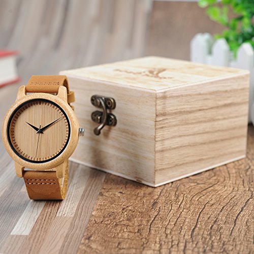 BOBO BIRD Men's Bamboo Wooden Watch with Brown Cowhide Leather Strap Japanese Quartz Movement Sports Casual Watches Gift with Box BOBO BIRD