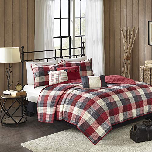 Madison Park Reversible Quilt Cabin Lifestyle Plaid Design - All Season, Breathable Coverlet Bedspread Bedding Set, Matching Shams, Full/Queen(90"x90"), Red 6 Piece Madison Park