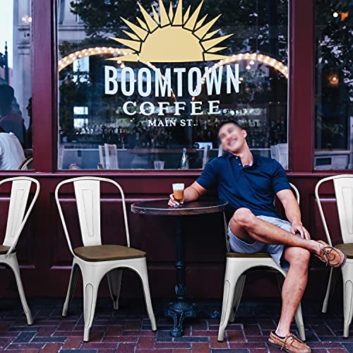 Yaheetech Set of 4 Metal Dining Chairs with Wood Seat Metal Side Chairs Kitchen Chairs with Back Bistro Café Trattoria Kitchen, Distressed White Yaheetech