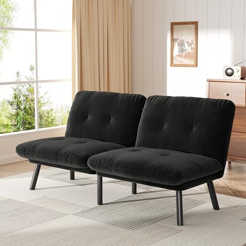 homeokay Futon Sofa Sleeper Couch Bed with Adjustable Backrest Thick Cushion Velvet Fabric for Department Living Room Lounge Sofa Loveseat (Black) homeokay