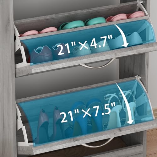 FUNISIR Shoe Storage Cabinet with 3 Flip Drawers, Slim Shoe Cabinet for Entryway, Hidden Shoe Organizer, Wooden Narrow Shoe Rack Cabinet with Removable Shelf, Grey FUNISIR